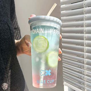 【樂音優選】750ml玻璃水杯 女茶水分離泡茶杯 新款2024吸管杯 家用喝水大容量果汁杯子 提手咖啡隨行吸管杯 透明飲