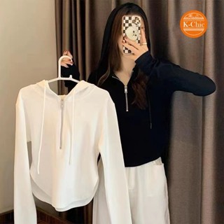 【K-Chic】2024春季拉鏈連帽長袖 燕尾 修身 顯瘦 長袖上衣 薄外套 拉鏈上衣