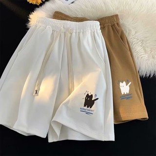 🔥48H出貨 M-8XL 大尺碼短褲男 卡通小貓印花休閒短褲 寬鬆透氣運動褲 顯瘦 胖子男生短褲 鬆緊腰抽繩褲 五分褲