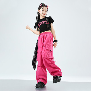 現貨 3-14歲 女童爵士舞服裝 兒童街舞表演服 中大童jazz舞蹈服女孩短版上衣工裝褲 走秀表演服套裝潮ATD073