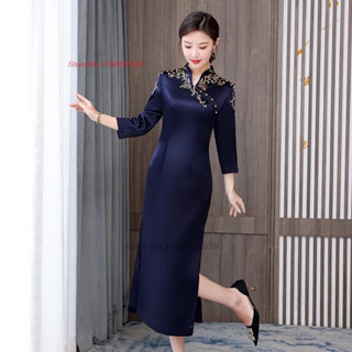 女士復古旗袍花朵刺繡東方婚宴晚禮服