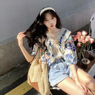 復古碎花襯衫小眾設計蕾絲2024拼接 ​​泡泡短袖寬鬆上衣小碎花襯衫2024小眾設計蕾絲小泡泡短袖上衣3.29