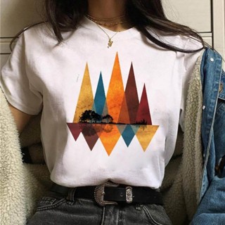 geometric print T shirt幾何圖案印花原宿風女士上衣白t短袖女moxuan888