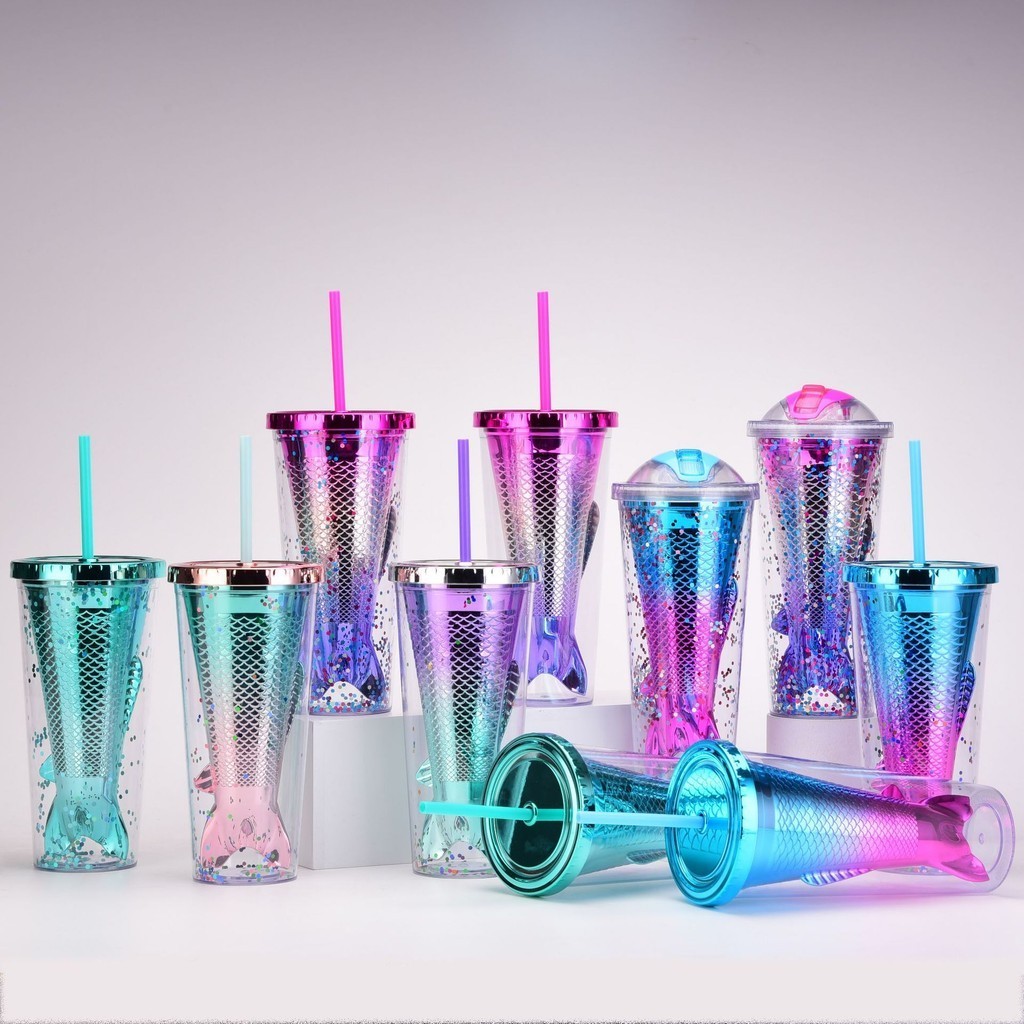 2024新款雙層塑膠杯創意漸變吸管杯電鍍彩色亮片水杯350ml