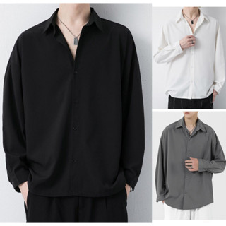 男士襯衫長袖緊身寬鬆免燙韓版潮流休閒外套寬鬆黑白襯衫