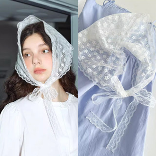 花朵蕾絲頭巾女薄款白色三角頭巾夏季可愛寫真時尚髮飾