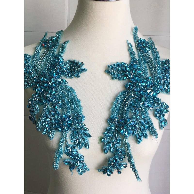 湖藍色玻璃鑽重工釘珠對稱大鑽花奢華禮服表演服外套裝飾手縫珠花