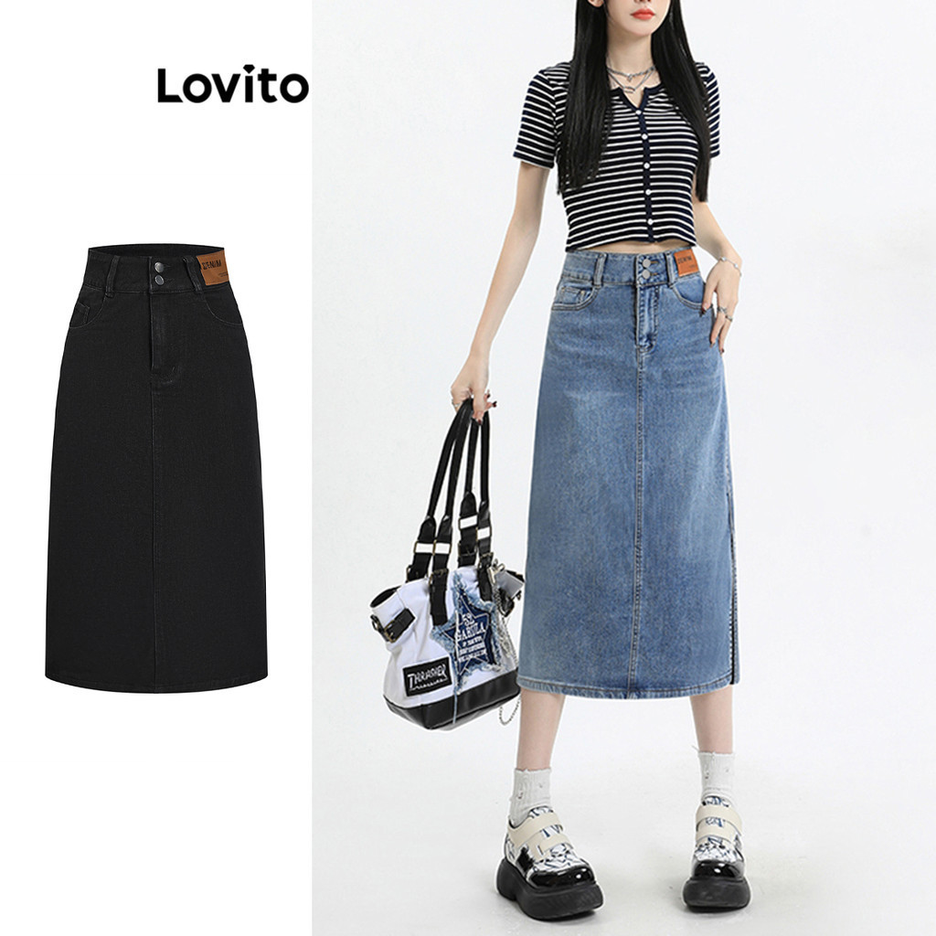 Lovito 女式休閒純色口袋開叉前牛仔裙 LNA17135 (藍色)
