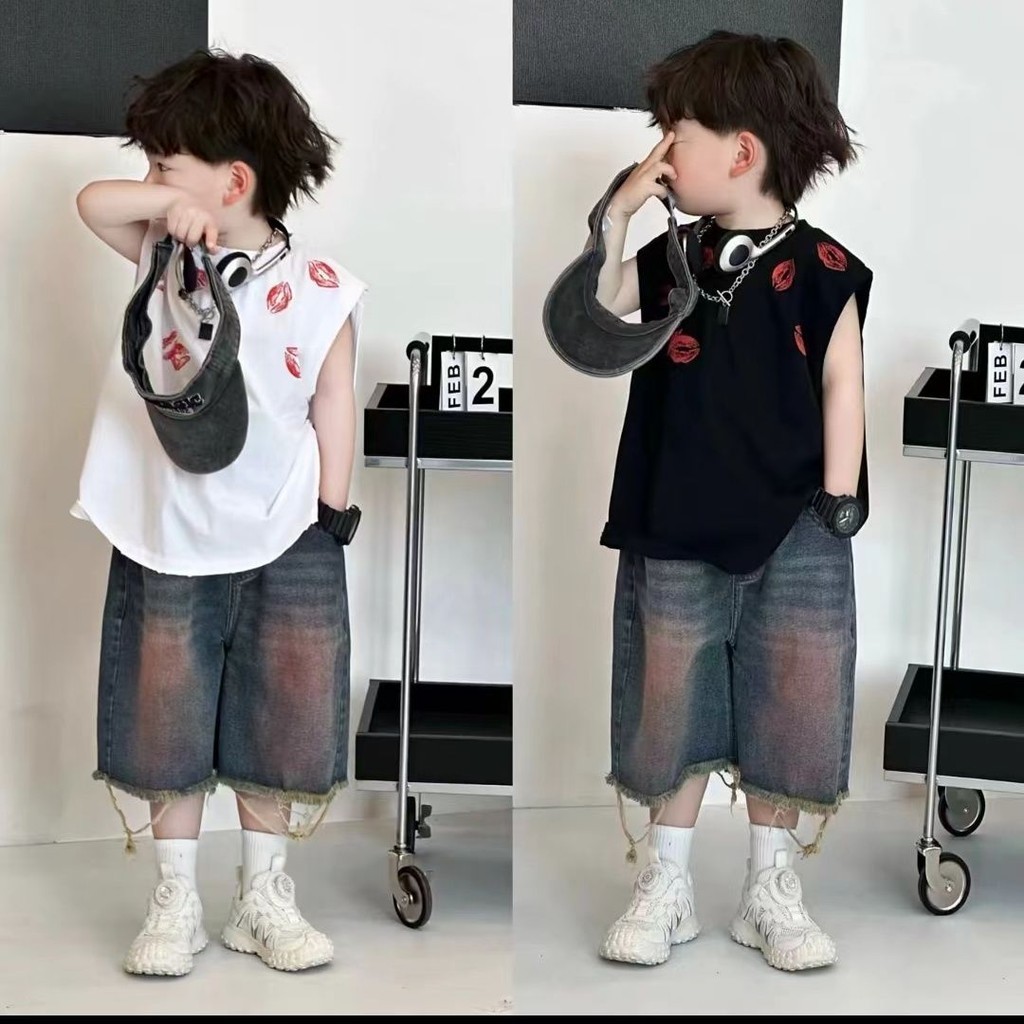 男童2024夏季新款韓版時尚套裝設計感印花洋氣背心破邊牛仔褲潮流 0QEV