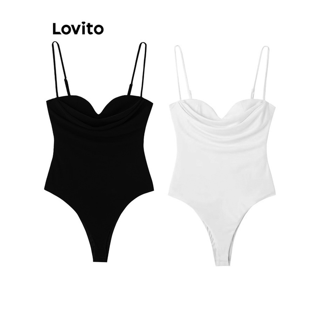 Lovito 女用性感素色垂褶心型連身衣 LNL39185 (白色/黑色)