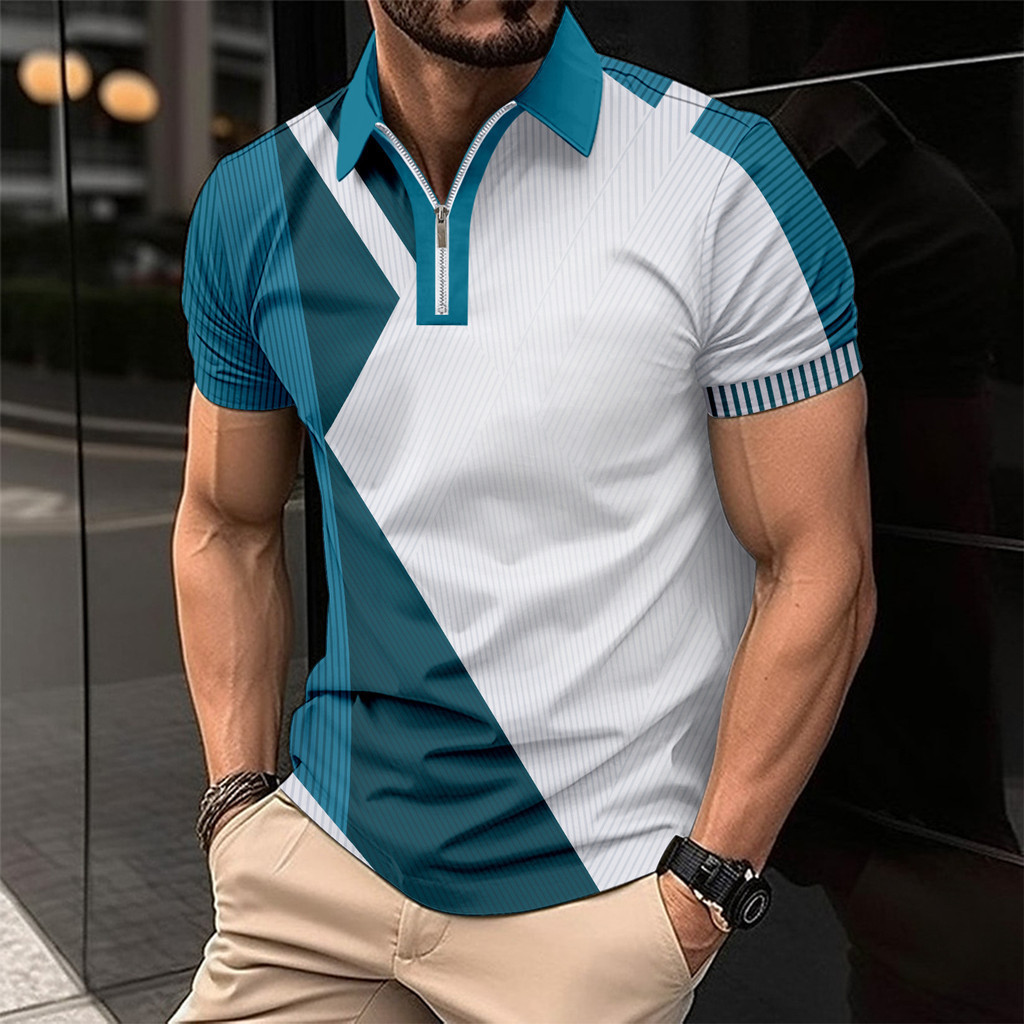 男士馬球領Polo，拉鍊短袖POLO衫，素色，夏季新品