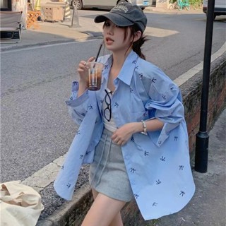 收藏襯衫印花小眾】寬鬆長袖秋季2141小外套【新款防曬蝴蝶結人外套領中長款女polo