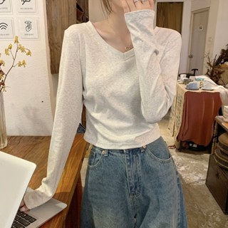 小麥🎀+2025早春新款V領正肩長袖T恤女秋冬新款修身顯瘦打底衫高階感百搭德絨保暖上衣