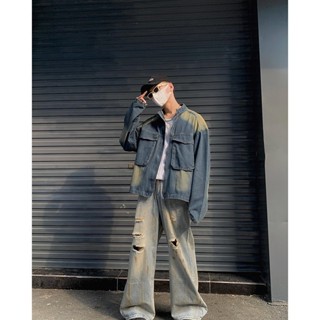 【HOT 本舖】男裝 水洗做舊復古藍色牛仔外套男款潮流設計感立體大口袋拉鏈夾克上衣