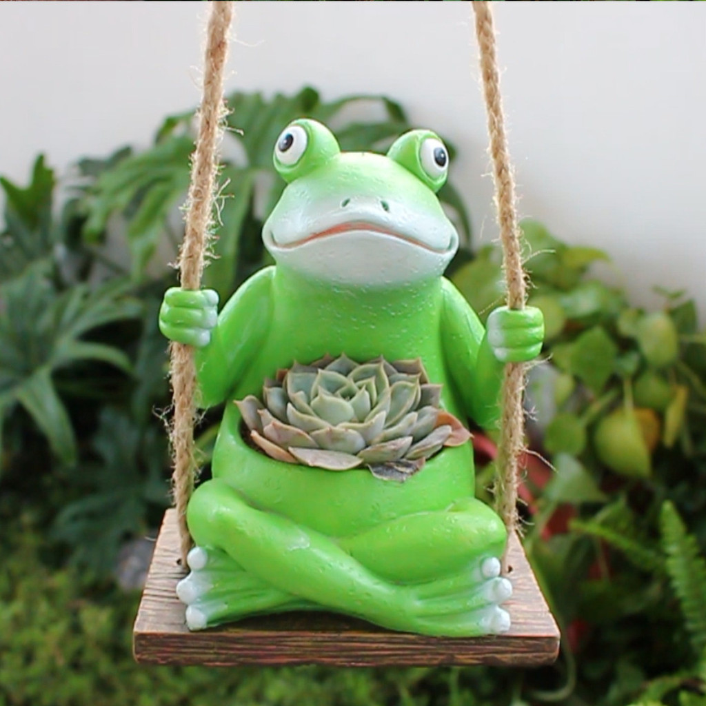 亞馬遜新品創意青蛙秋千花盆個性動物裝飾品陽台庭院樹脂多肉花盆