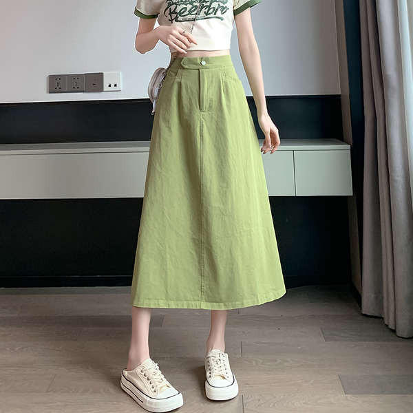 酪梨綠a字半身裙女夏季新款小個子高腰顯瘦傘裙中長款工裝裙子