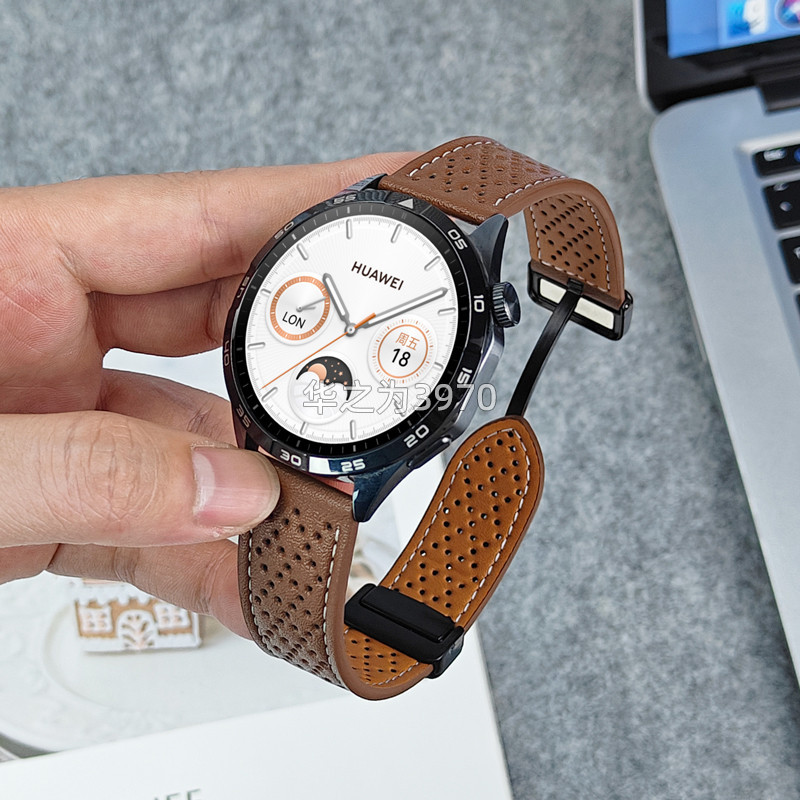 皮革透氣錶帶 適合華為手錶gt4/gt2/gt3/gt1/pro/46mm真皮watch3/PRO錶帶磁吸扣20/22m