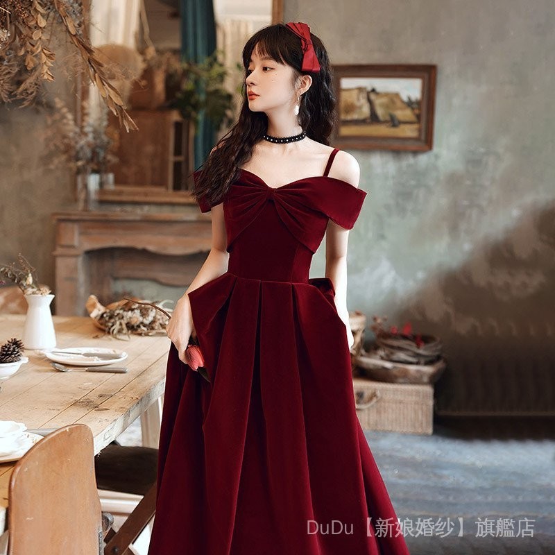 【DuDu超讚】【現貨免運】敬酒服紅色2024新款新娘小個子訂婚洋裝女高級感晚禮服裙子法式 FTZ7