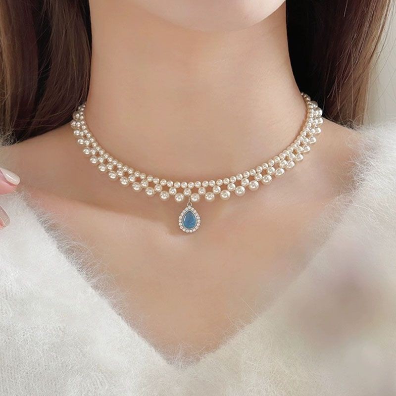 S925純銀海藍寶石施家珍珠項鍊女輕奢小眾高級感氣質百搭鎖骨頸鍊