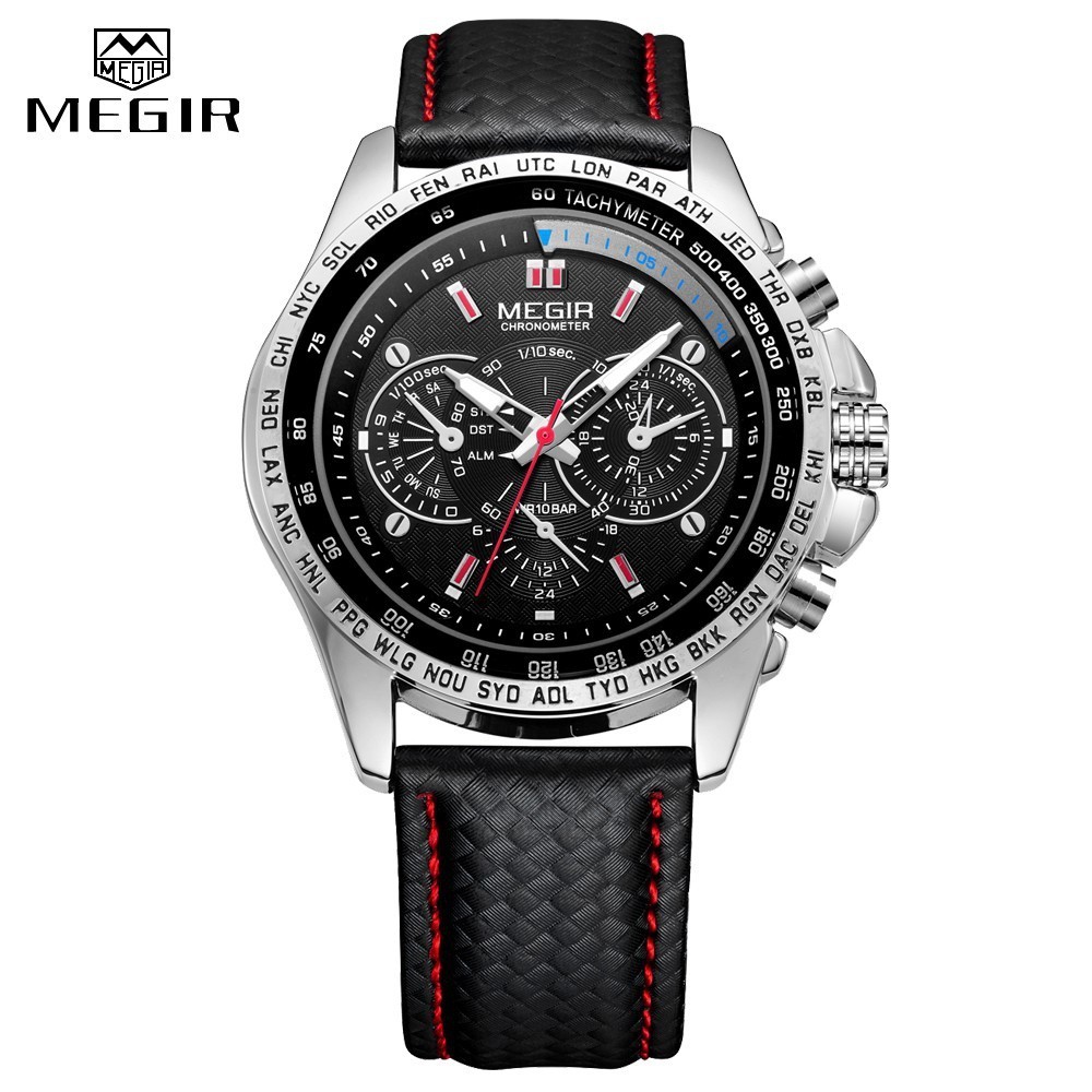 Megir 手錶男士石英腕錶頂級品牌奢華男士時尚休閒夜光防水時鐘皮革手錶熱銷 1010
