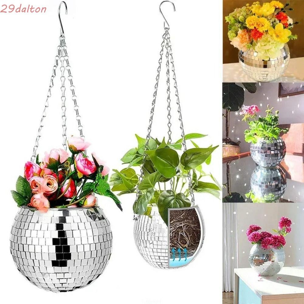 Dalton 迪斯科球花盆,玻璃鏡面防銹掛花盆,波西米亞風格鏈條易於安裝耐用植物衣架花園裝飾