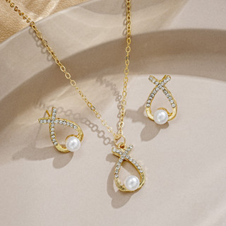 鑽石十字架珍珠耳環項鍊首飾套裝時尚優雅新娘婚宴