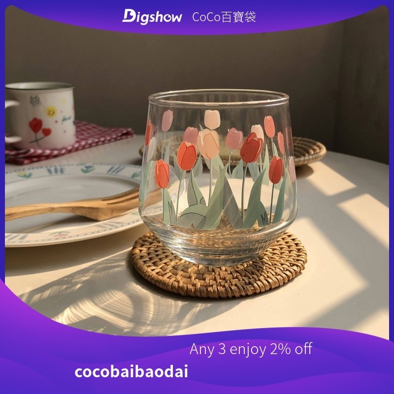 COCO韓國 ins 350ml鬱金香浪漫法式 玻璃杯 威士忌 拿鐵 咖啡杯 水杯 牛奶早餐杯子 熱水冷水杯