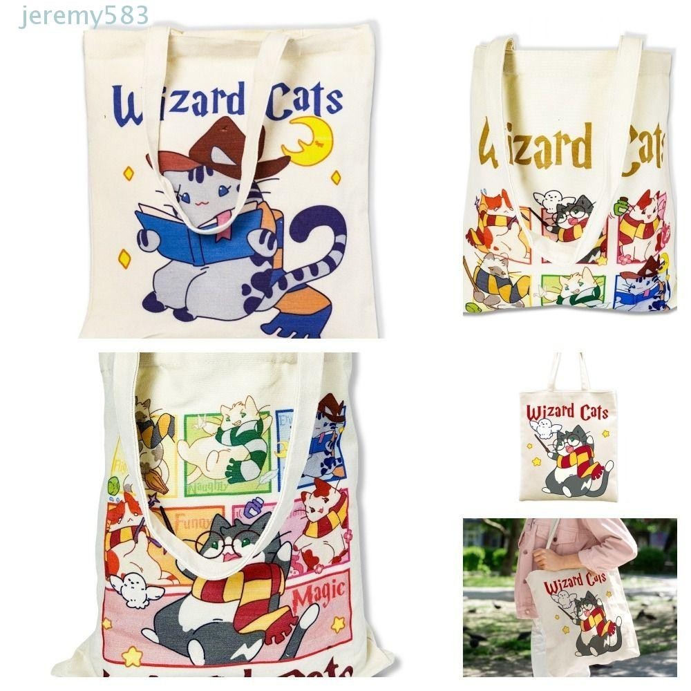 JEREMY卡通單肩包,韓版風格頂部手柄帆布手提包,便攜式雙面打印大容量貓圖案可愛托特包旅行