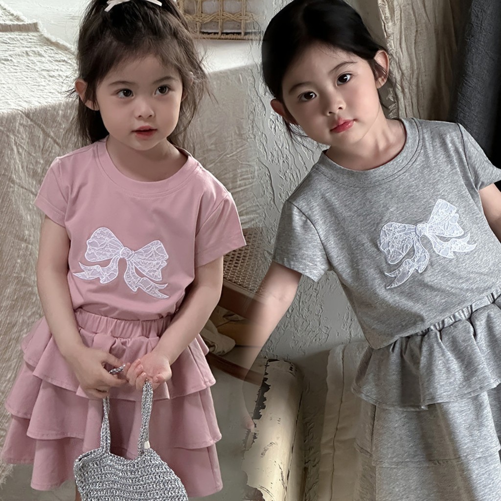 ✨HIKIDS✨女童蕾絲蝴蝶結針織套裝 2024夏季新款韓版兒童蛋糕裙針織兩件套