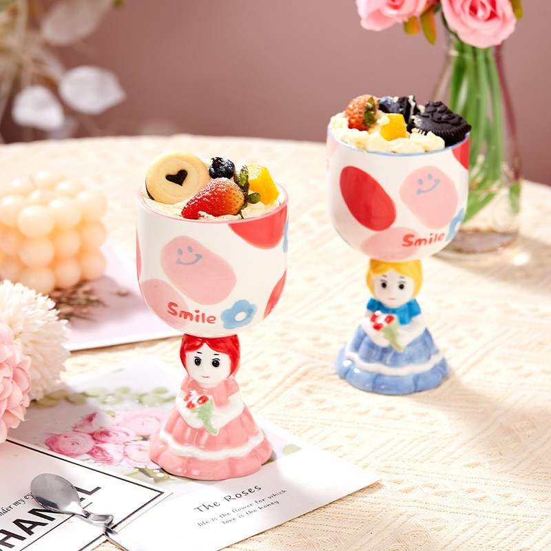Suxi | 公主雪糕杯高腳杯 手繪可愛創意陶瓷杯子 DIY蛋糕杯酒杯卡通高顏值水杯
