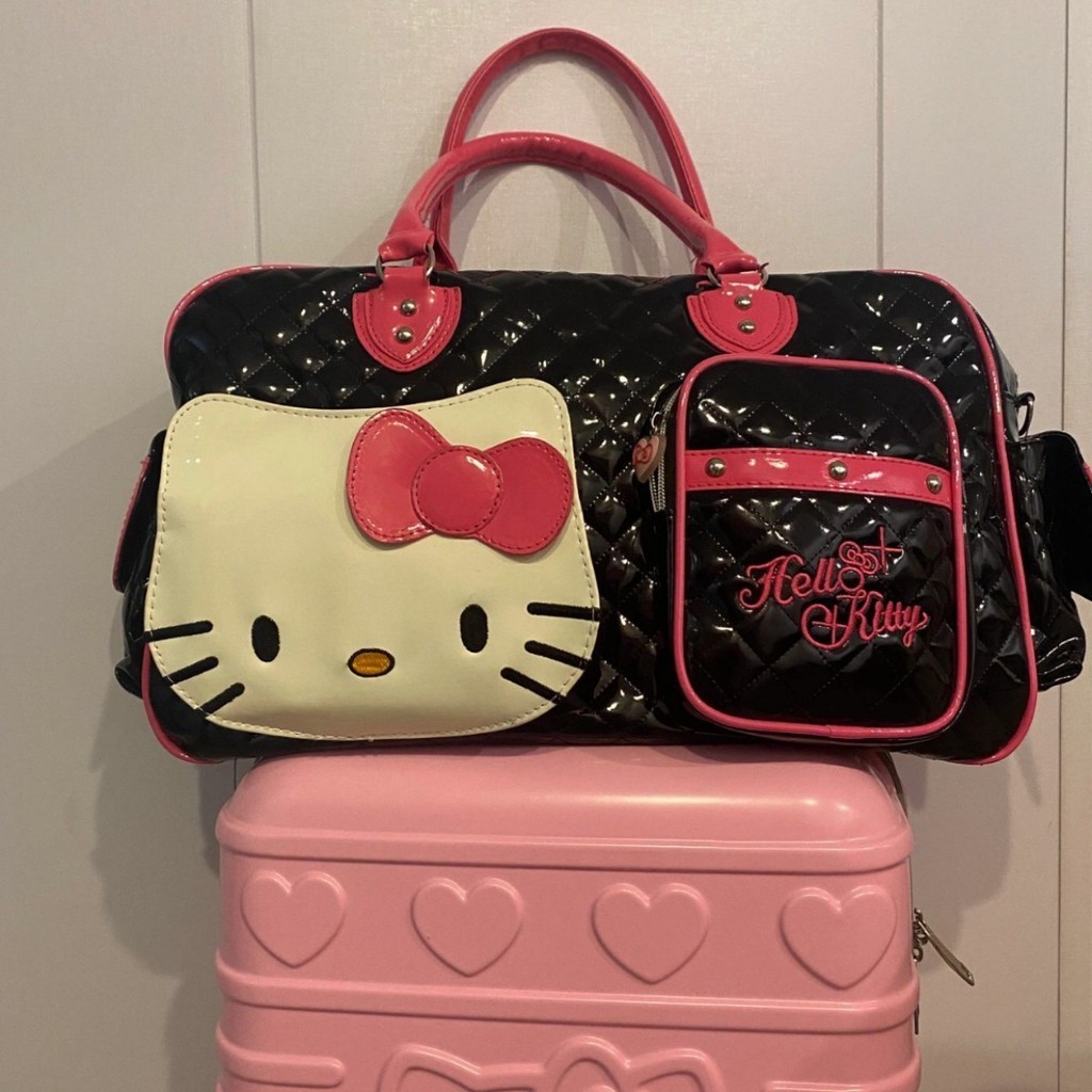 新款 hello kitty凱蒂貓日系甜心辣妹pu超大容量手提旅行挎包書包 PU黑酷亮面手提斜挎旅行袋粉色凱蒂貓女生可愛