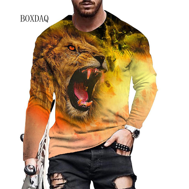 獅子印花男士t恤 3D動物印花長袖T恤