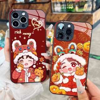 玻璃盒情侶男孩女孩戴著富錢獨角獸帽子為 Tet 2025 適用於 iPhone 16 15 14 13 12 11 8