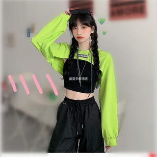 臺灣出貨 春秋薄款超短款連帽衛衣新款高腰露臍嘻哈街舞服寬鬆長袖上衣套裝 爵士舞服 街舞服女 舞蹈服套裝 嘻哈服WD