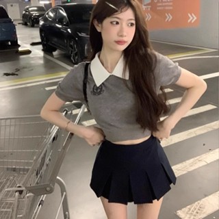 【HOT 本舖】 甜美溫柔短款假兩件短袖T恤上衣女夏季學院風刺繡短款針織衫上衣
