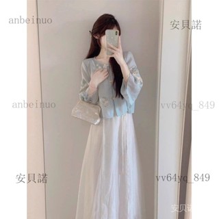 a849改良漢服 中國風女裝套裝 新中式國風套裝夏季2025新款高階感氣質盤扣防曬上衣半身裙兩件套【安貝諾】