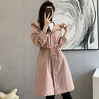 風衣 外套 外套女 風衣外套 粉色風衣女中長款2025春秋新款韓版寬鬆大尺碼氣質收腰顯瘦連帽外套
