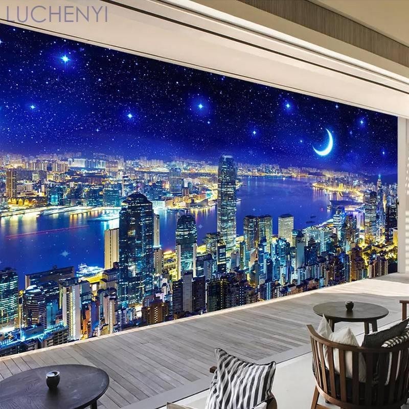 定制更多 3D 城市夜景風景壁紙壁畫適用於客廳電視牆臥室壁紙家居裝飾貼紙