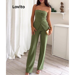 Lovito 女士優雅素色鈕扣開衩假口袋褲套裝 LNL42157