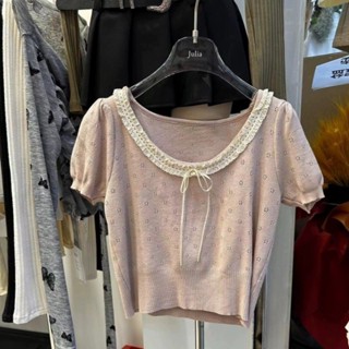 法式甜美蕾絲花邊短袖針織T恤夏季設計感廣州十三行女裝爆款上衣搭們織針喜 SAHW