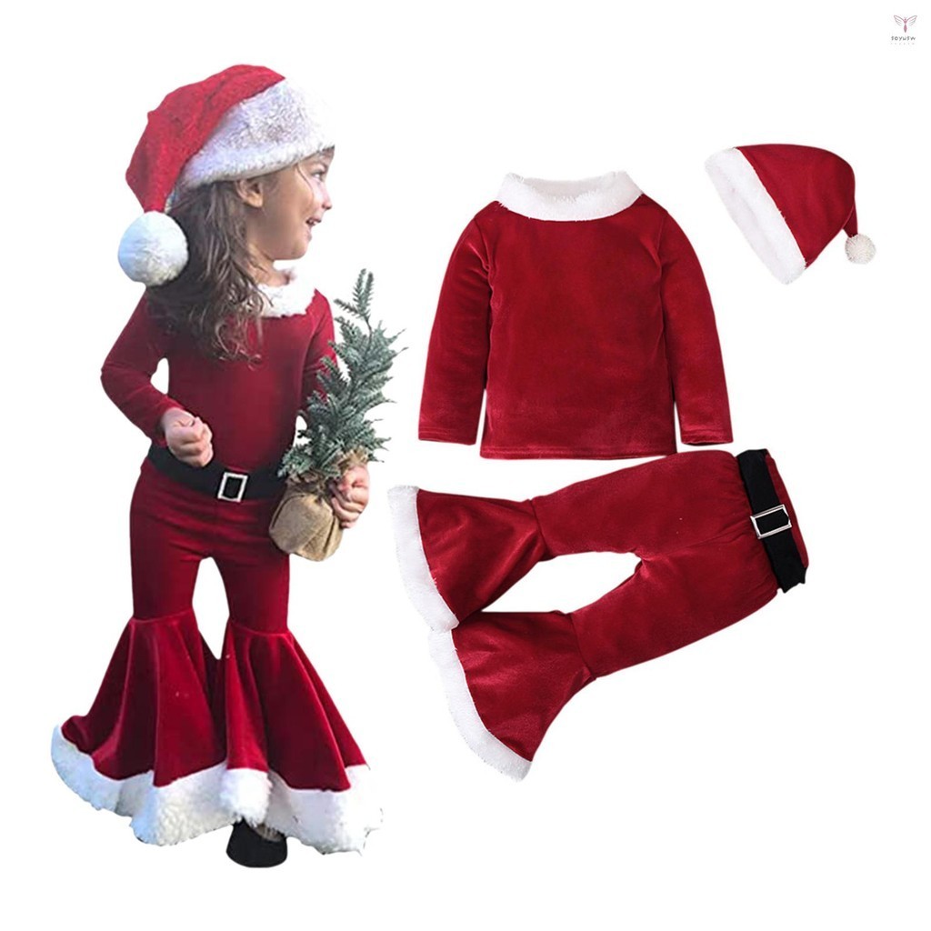 Uurig)可愛女孩聖誕服裝套裝長袖上衣喇叭褲珊瑚絨聖誕老人服裝 1-7 歲女嬰,紅色 80 碼