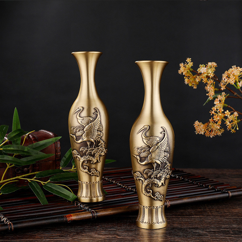 黃銅仙鶴花瓶客廳創意銅擺件乾燥花插花器仿古供佛大號花瓶工廠批發