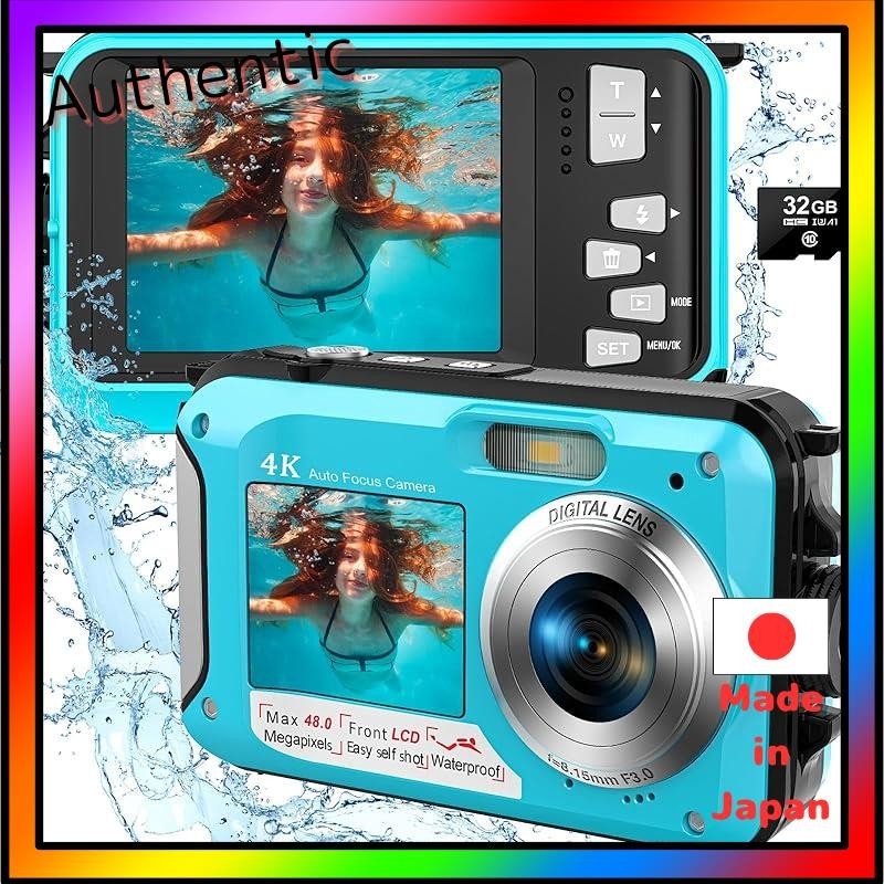 4K数码相机，防水，水下相机，防水相机，3M 防水，无需箱体，双屏幕，可自拍，操作简单，轻便，紧凑，1250mAh 电池