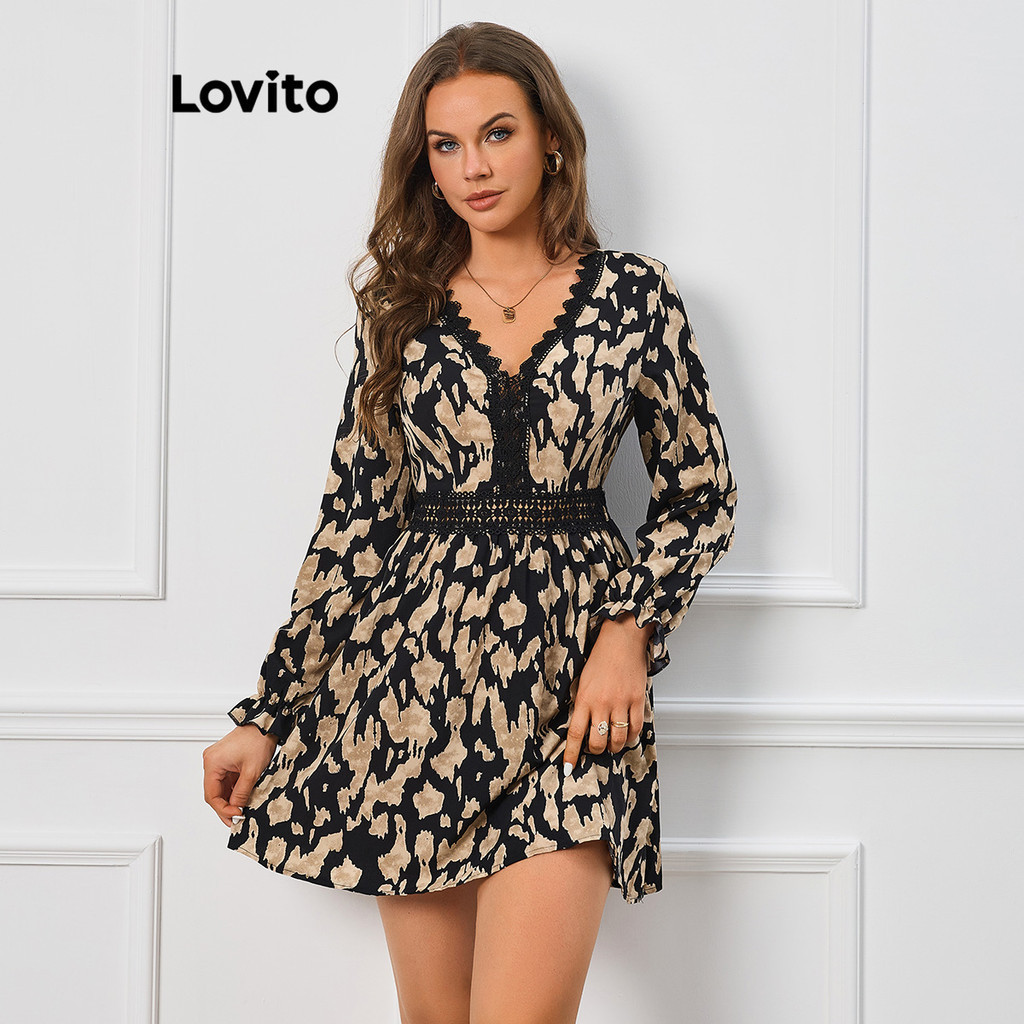 Lovito 女休閒豹紋蕾絲撞色鑲邊連身裙 LBL09355