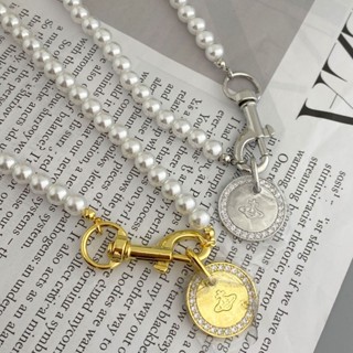 Vivienne Westwood 星球系列圓牌珍珠項鍊幾何鑰匙扣氣質土星微鑲珍珠頸鍊