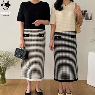 牛奶少女[任2件折30]韓國chic夏季減齡氣質撞色華夫格紋洋裝薄款冰絲針織過膝洋裝