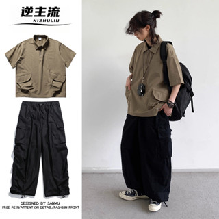 兩件裝/日系古著短袖襯衫+工裝褲套裝 半拉鏈Polo衫 日系套裝 中性風 日系女裝套裝 多口袋闊腿褲 工裝長褲【逆】