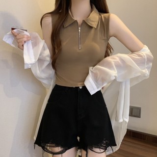 💖臺灣出貨💖polo領背心 無袖背心 小可愛 女裝 夏季新款美式甜辣設計感小眾拉鍊Polo領T恤背心女吊帶高階感上衣