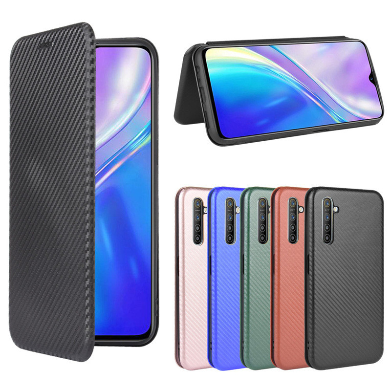 適用Oppo Realme XT保護套Realme X2手機殼翻蓋磁扣耐髒耐磨碳纖維皮套素面色書本式手機殼