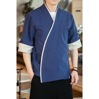 【現貨】中國風斜襟交領短袖漢服男古風道袍古著禪服居士服民族風男裝#中國風斜襟交領短袖漢服男古風道袍古著禪服居士服民族風男